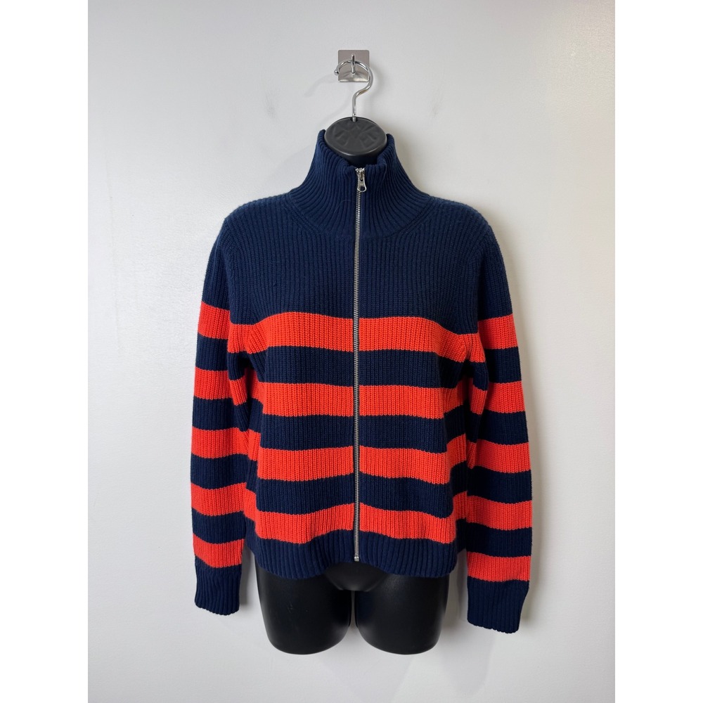Kule Women Bruce Navy Orange Striped Wool Cashmere Full Zip Ribbed Sweater XS